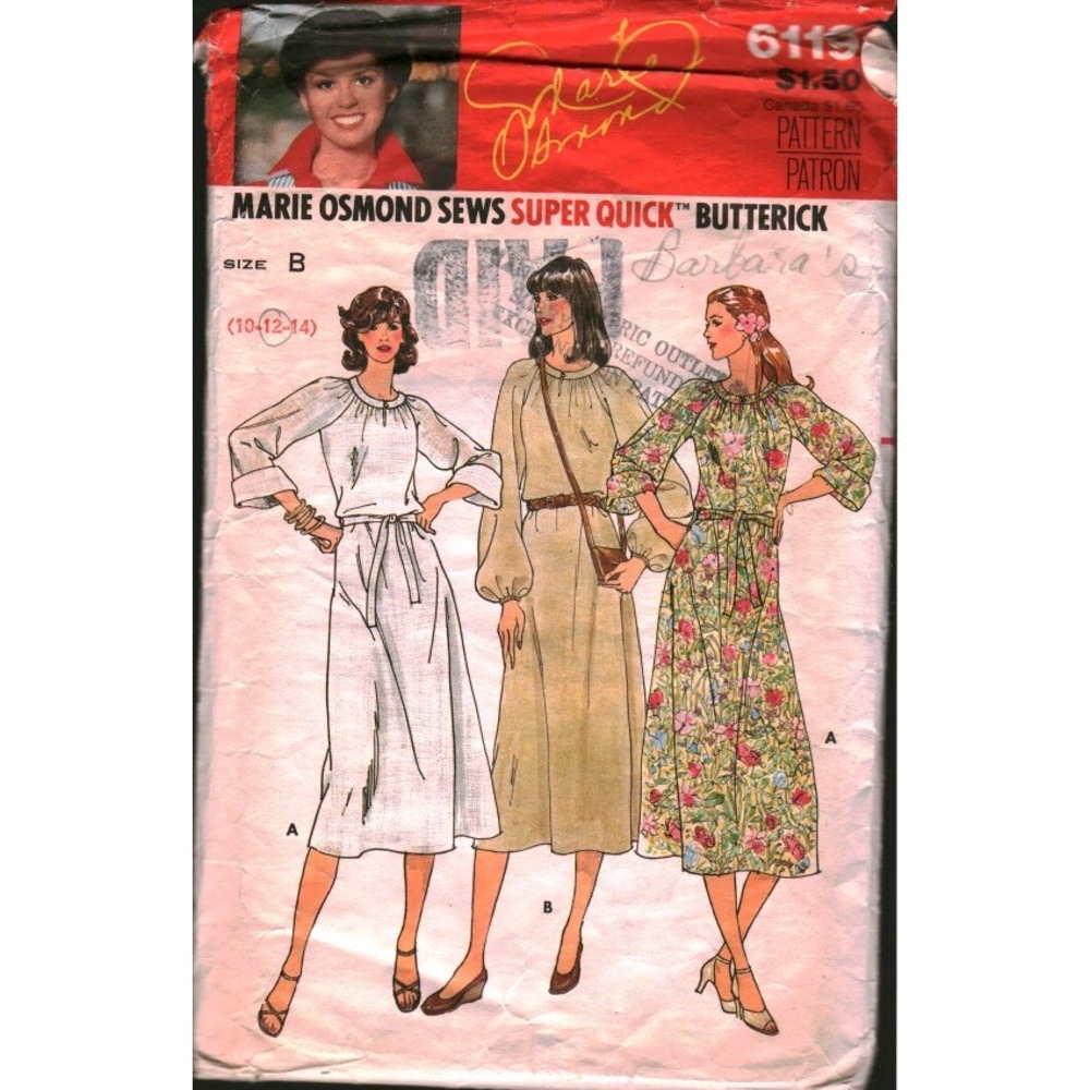 Vintage Butterick 6119 Marie Osmond Sews Dress Sewing Pattern Size 10-12 Boho